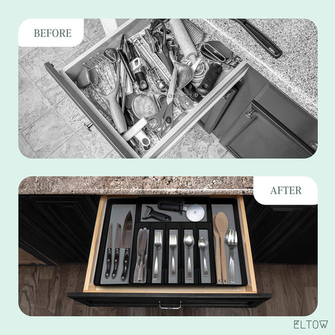 ELTOW Large Expandable Silverware Drawer Organizer, 8 Compartment Non-Slip & Adjustable Silverware Organizer for Drawer, Kitchen Organization for ...