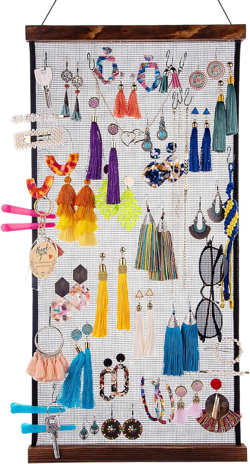 FEQO Earring Organizer Hanging Mesh Earrings Holder Wall Mounted Earring Hanging Jewelry Display Organizer with 20 Pieces S Shape Black Hooks (24 ...