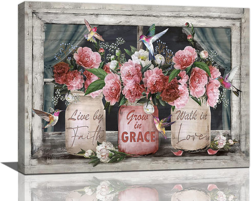 Farmhouse Canvas Wall Art Rusitc Pink Rose Wall Decor Flower Mason Jar Hummingbird Pictures Painting Prints Framed Decor Country Home Artwork for ...