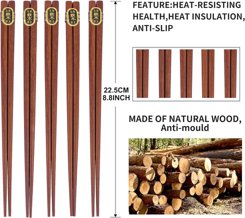 Wooden Chopsticks Reusable 5 Pairs Iron Wood Gift Set Hand Carved Japanese style 8.8 Inch/22.5cm...