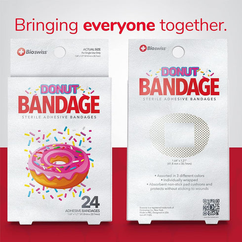 BioSwiss Bandages, Donut Shaped Self Adhesive Bandage, Latex Free Sterile Wound Care, Fun First Aid Kit Supplies for Kids, 24 Count...