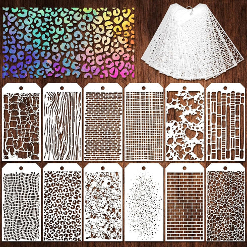 12 Pcs Texture Stencils, Mixed Midea Stencils for Painting, Painting Stencils for Crafts Reusable, Leopard Brick Dot Music Brick Layering Stencils...