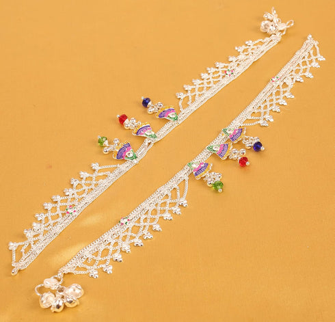 Touchstone Indian Bollywood Handcrafted Pretty Stylish Colorful Designer Jewelry Payal Paazeb Anklets in Silver Tone for Women....