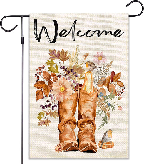Welcome Boots Garden Flag Vertical Double Sided Flower Bird Autumn Fall Yard Outdoor Decor 12.5 x 18 Inches(Welcome Boots)...