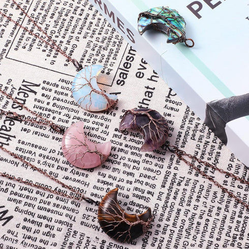 Hicarer 5 Pieces Tree Life Crescent Moon Necklace Copper Wire Wrap Natural Gemstones Healing Crystal Pendant Quartz Jewelry...