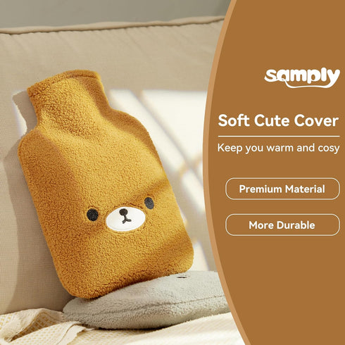 samply Hot Water Bottle with Cute Fleece Cover, 2Liter Water Bag for Hot and Cold Compress, Hand Feet Warmer, Neck and Shoulder Pain Relief, Brown...