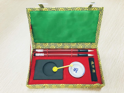 7 PCS Chinese Calligraphy Inkstone + water bowl + Ink stick + 2 Brush Pens + Ink Spoon + Gift Box Set for Kids Child Beginner...