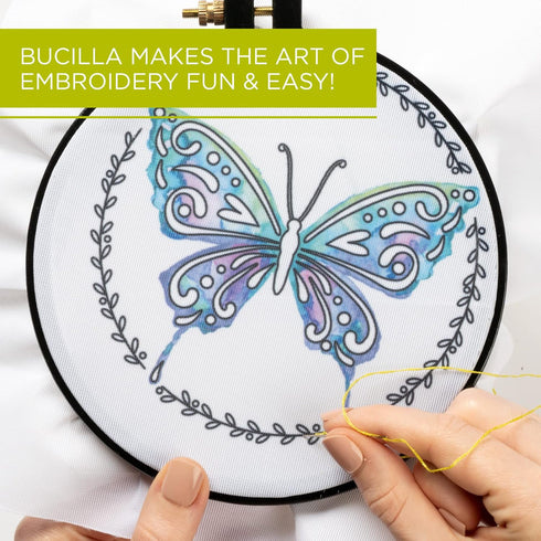 Bucilla Watercolor 6" Stamped Embroidery Kit, Kaleidoscope Butterfly, Includes 4-Color Printed Fabric, 6" Hoop, Embroidery Floss, Needle, and Inst...