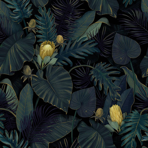 Tropics Plants Floral Peel and Stick Wallpaper, 17.71in X 118.1in Self Adhesive Removable WallPaper Black/Dark Green/Yellow Contact Paper Waterpro...