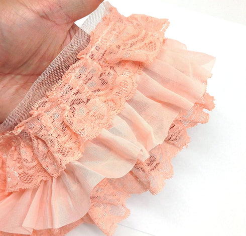PEPPERLONELY 1 Yard Peach Color Fabric 3-layer Pleated Lace Edge Trim Gathered Mesh Chiffon Ribbon...