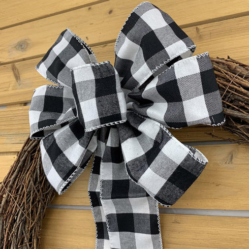 Buffalo Plaid Christmas Wreath Bow - 10" Wide, 18" Long Pre-Tied Bow, Black and White Checkers, Fall Decor, Door Decoration, Swag, Wreath, Garland...