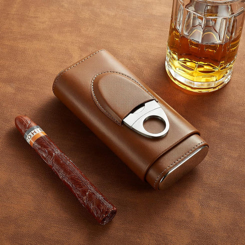 Cigar Case Travel - Cigar Humidor Accessories - Cigar Box with Cutter SEEJI Gift for Men (Brown)...