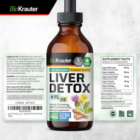 BIO KRAUTER Liver Detox Liquid - Liver Cleanse Detox Liquid Drops - Milk Thistle, Chanca Piedra, Turmeric, Dandelion, Artichoke - Vegan Drops 4 Fl...