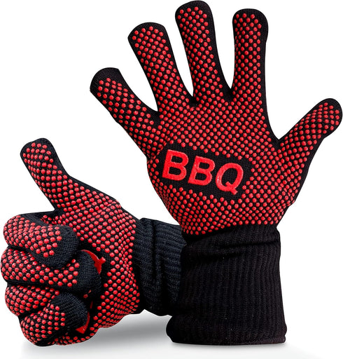 NutriChef BBQ Gloves - 1472°F Heat Resistant, Fireproof Mitts with Non-Slip Silicone Grip, Perfect for Barbecue, Grilling, Cooking, Baking & Campi...
