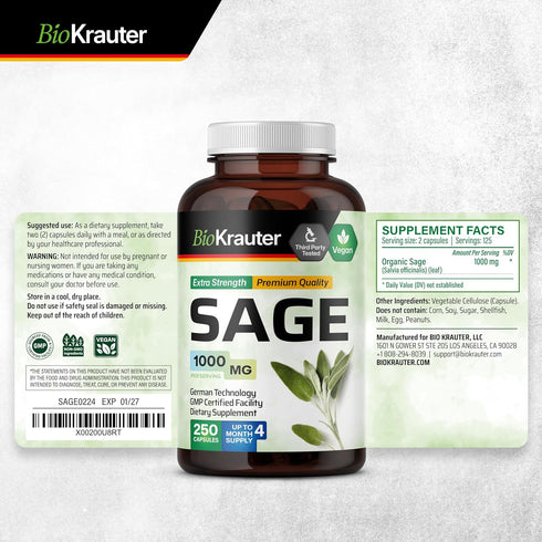 BIO KRAUTER Sage Supplement Capsules 1000 mg - 250 Vegan Caps - Supplement with Salvia Officinalis - Immune & Digestive Support - Rich in Antioxid...
