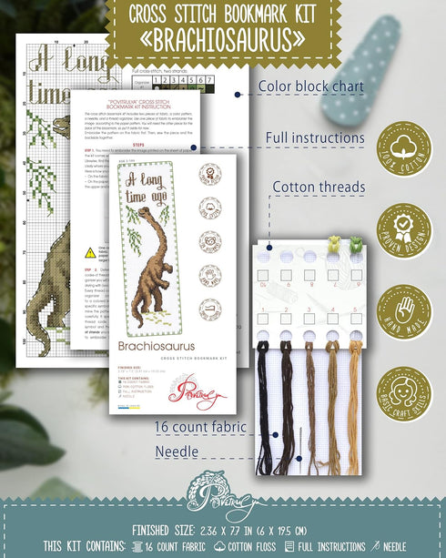 Povitrulya Dinosaur Counted Cross Stitch Kit Brachiosaurus - DIY Bookmark Set for Hand Embroidery...