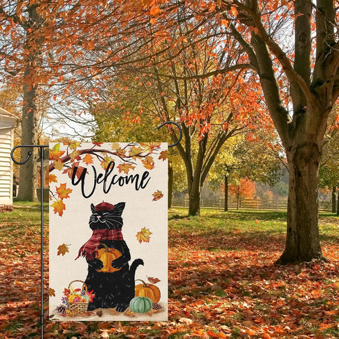 Welcome Fall Garden Flag 12 x 18 Inch Double Sided Burlap, Black Cat with Pumpkins Garden Flags, Maple Leaves Autumn Banners for Seasonal Yard Tha...