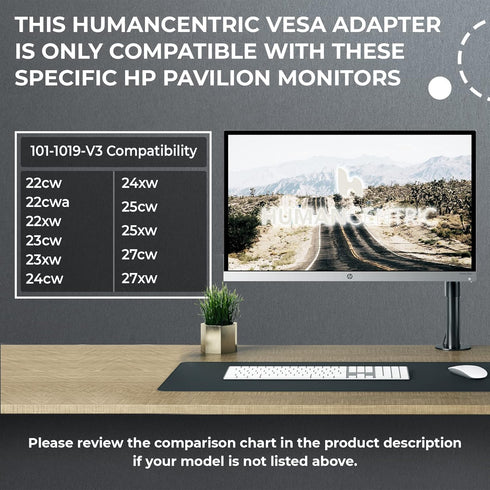 HumanCentric VESA Mount Adapter compatible with HP Pavilion 27xw, 25xw, 24xw, 23xw, 22xw, 22cwa, 27cw, 25cw, 24cw, 23cw, and 22cw Monitors...