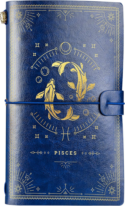Zodiac Gifts Leather Journal Notebook, for Men, Women on Christmas, Birthday, Refillable Sketchbook, Travel Diary, Lined Planner, 7x5 Inches, Blue...