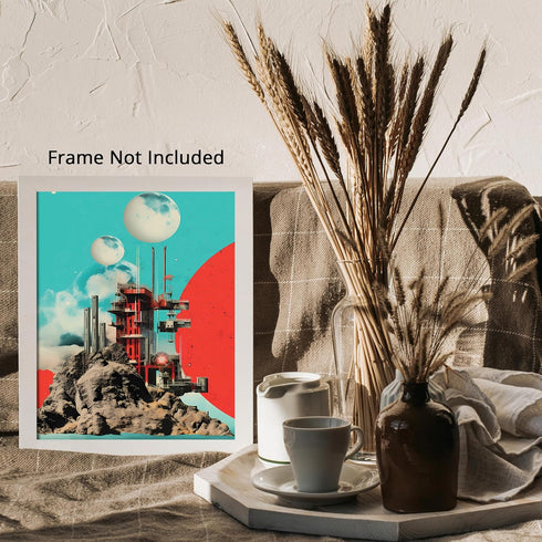 Posterizer 1 pcs-retro futuristic collage with old buildings and planets-Abstract & Modern Art-Astronomy & Celestial Art-Gift for Art Lovers-Gift ...
