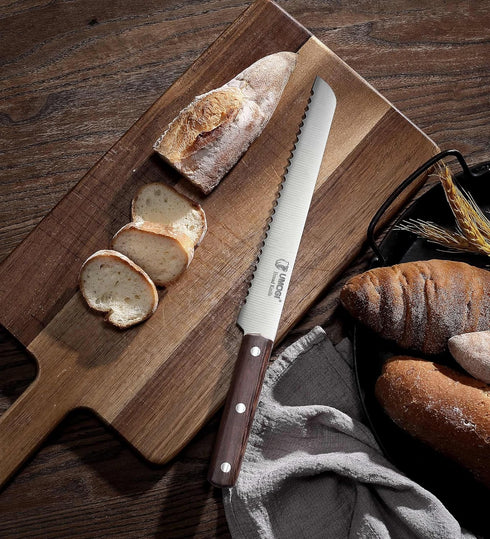 Bread Knife 8 Inch with Sheath - German High Carbon Stainless Steel, Ergonomic Grip Full Tang Wood Handle - Serrated Edge Home Kitchen Knife for B...