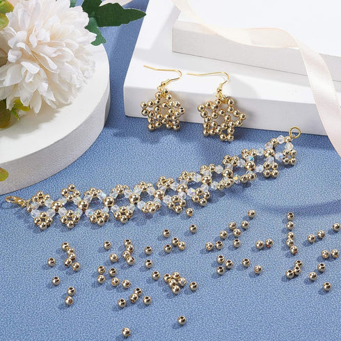 PH PandaHall 300pcs 4mm 14K Gold Plated Beads Mini Round Jewelry Beads Waist Loose Bead Smooth Metal Brass Bead for Friendship Bracelet Bikini Bel...