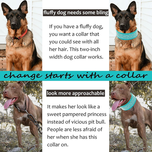 TEEMERRYCA 5 Rows Full Sparkly Rhinestone Dog Collars 2 Inch Wide Stylish Blingy Shiny Crystal Studded PU Leather Pet Collar for Medium Large Bree...