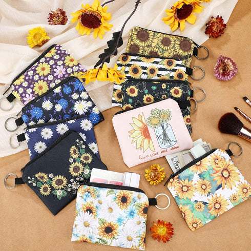 Boao 10 Pieces Small Coin Purse for Women Bulk Boho Change Purse Mini Pouches Wallet Coin Bag with Zipper for Women Girls (Sunflower Print, 4.52 x...