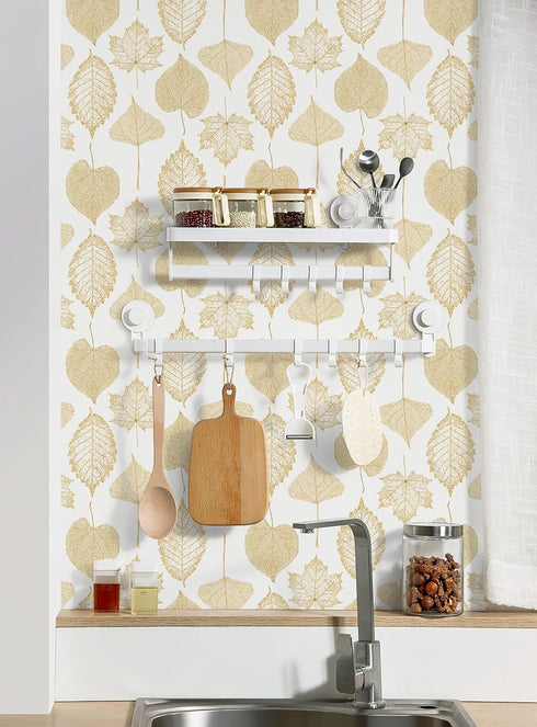 16.1"x118"Peel and Stick Wallpaper Boho White and Gold Wallpaper Leaf Textured Vintage Wallpaper Self Adhesive Wallpaper Removable Wallpaper Vinyl...