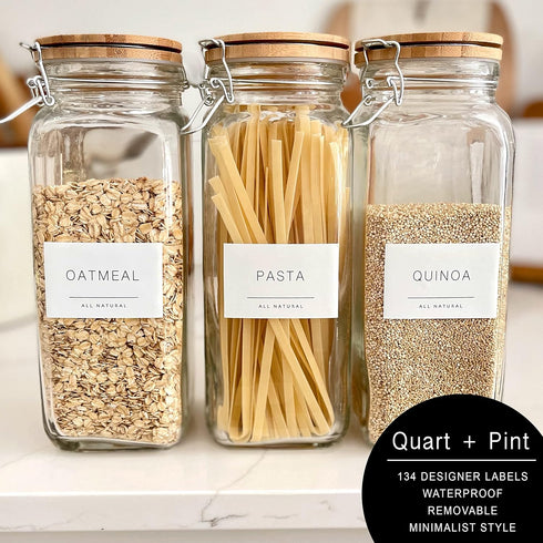 134 Kitchen Pantry Labels for Containers. Minimalist Preprinted Farmhouse Style. White Sticker Black Text. Waterproof Stickers. Organization Label...
