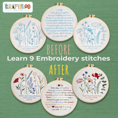 CRAFTILOO Learn The Stitches Flower Health Affirmations Embroidery kit for Beginners with Stamped Embroidery Patterns Starter Kit. Needlepoint Cro...