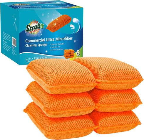 Commercial Miracle Microfiber Kitchen Sponge by Scrub-It - Large - Non-Scratch Heavy Duty Dishwashing Cleaning sponges- Machine Washable- (Orange,...