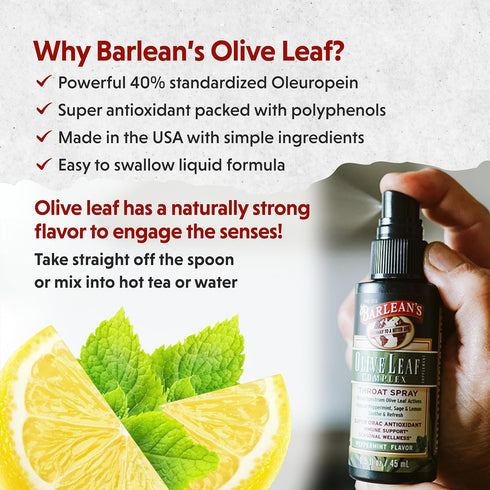 Barlean's Olive Leaf Complex Throat Spray with Peppermint, Lemon, & Sage for Itchy Throat Relief, Immune Support Supplement for Seasonal Wellness,...