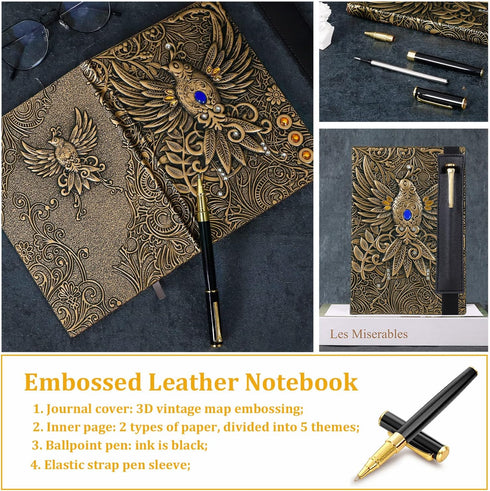 Vintage Phoenix Embossed Leather Notebook Travel Journal Daily Notebook Office Notebook,with Black Ballpoint Pen and Pen Sleeve.Antique Handmade,H...