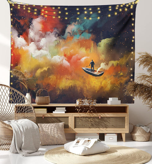 Ambesonne Fantasy Tapestry, Man on a Boat Floating Within Nebula Cloud in Vivid Colorful Psychedelic Background, Wide Wall Hanging for Bedroom Liv...