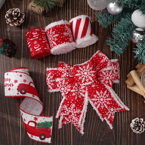 AnyDesign 24 Yards Christmas Wired Edge Ribbon Red White Xmas Snowflake Truck Fabric Craft Ribbon for Wreath Bow Making Gift Wrapping, 4 Roll...