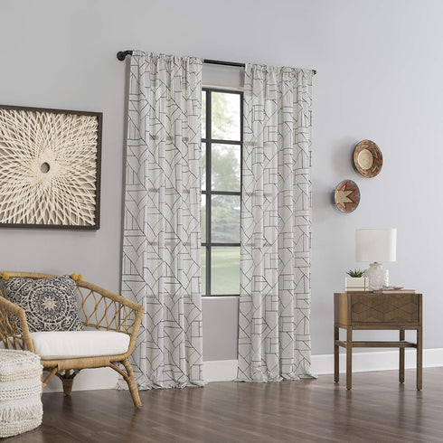 Archaeo Fragmented Geometric Embroidery Mid-Century Modern Natural Linen Blend Curtain, 50" x 63", Black/Linen...