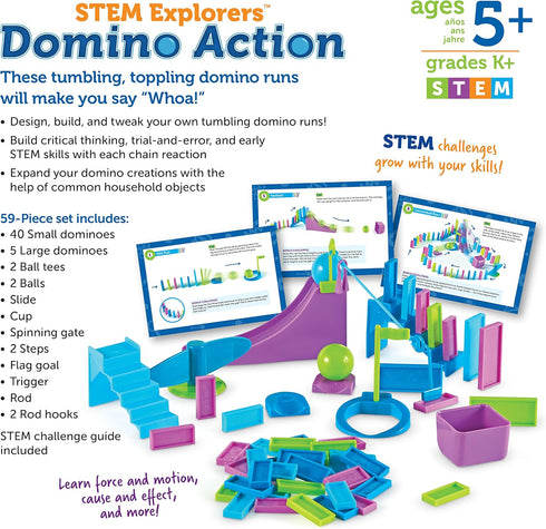 Learning Resources STEM Explorers Domino Action, STEM Toys for Kids, 59 Pieces, Age 5+ Gifts for Boys and Girls, 45 dominos, 10 double-sided chall...