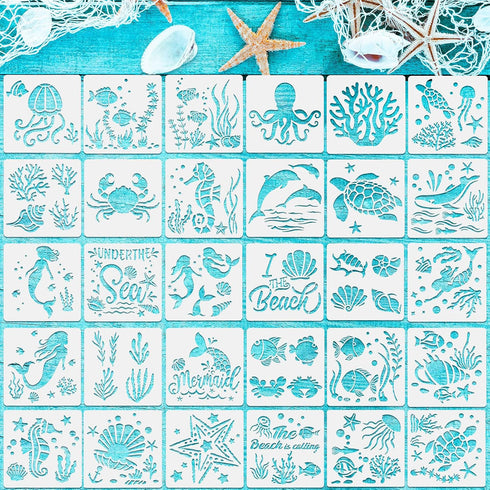 30 Pieces Sea Ocean Creatures Stencils 5 x 5 Inch Ocean Templates for Painting Sea Animal DIY Pattern Templates Mermaid Stencils on Wood for Scrap...