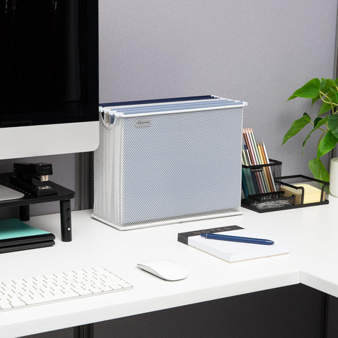 Mind Reader Vertical File Storage, Desktop Organizer, Hanging Files, Office, Metal Mesh, 12.25" L x 5.5" W x 10" H, White...