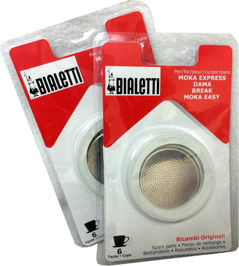 Bialetti (2-Packs) of #06961, total of SIX replacement gaskets and TWO Bialetti replacement filter plates (For 6-CUP Bialetti Moka Express, Dama, ...
