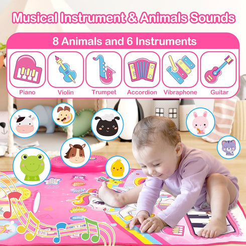 3 in 1 Piano Drum Babies Play Mat, Piano Keyboard & Drum Animal Touch Unicorn Toys for Girls, Baby Toys for 1 Year Old Toddler Girl Toy Age 1-2 Bi...