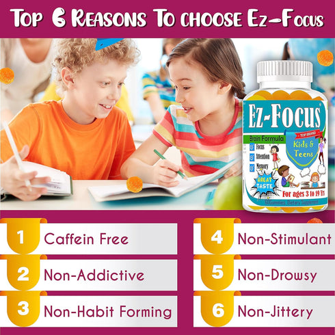 Ez Focus Gummies for Kids Brain Focus Support Chewable Focus Kids Vitamins Attention Supplement for Kids Children and Teens Kids Gummies for Focus...