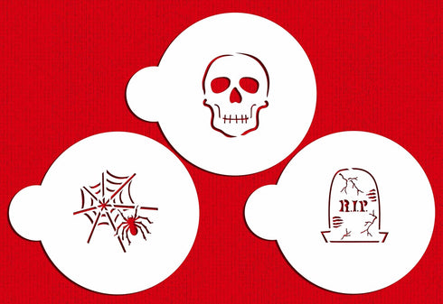 Designer Stencils Scary Halloween Cookie Stencil Set, (Spider Web, Skull, Gravestone), Beige/semi-transparent...
