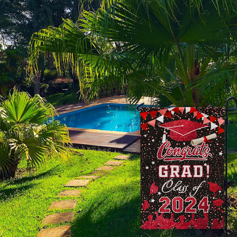 Graduation Garden Flag Class of 2024, Red Congrats Grade Flag for Outside Party Hanging Decorations 12x18 Inch Burlap...