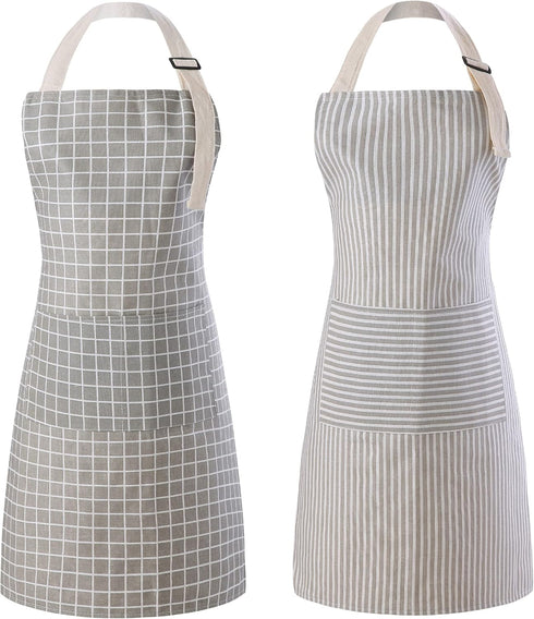 Tosewever 2 Pieces Kitchen Cooking Aprons, Waterproof Linen Adjustable Bib Aprons with 2 Pockets for Women Men Chef (Grey Stripes/Plaids, 2)...