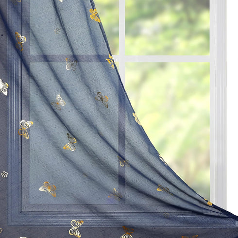 Jubilantex Butterfly Sheer Curtains Navy Blue Drapery with Gold Print Pattern 63 Inch Long, Kids Nursery Bedroom Voile Linen Textured Curtain Rod ...