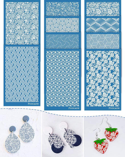 Puocaon Reusable Clay Silk Screen - 10 Pattern Silk Screen Stencils for Polymer Clay Jewelry Making, Boho Paisley Silk Screen Stencils for Polymer...