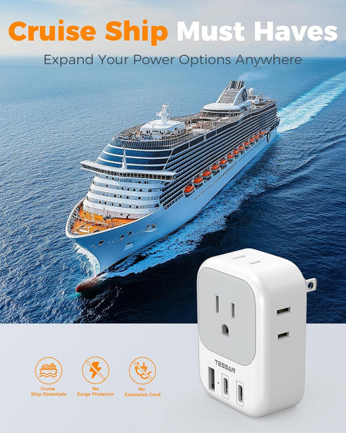 TESSAN US to Japan Plug Adapter 2 Prong to 3 Prong Outlet Adapter with 4 Outlets 3 USB (2 USB-C), Outlet Converter US to Japan China Mexico Philip...