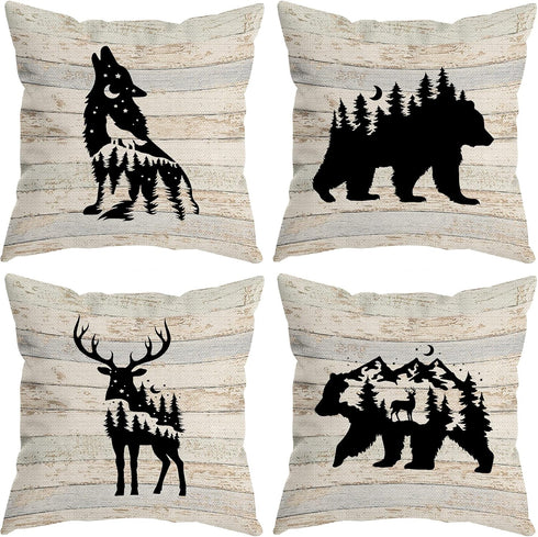 Woodland Wild Animal Wolf Elk Bear Deer Forest Camping Throw Pillow Covers, Wildlife Lover Camper Gifts for Men Women, Wildlife Rustic Pillow Case...
